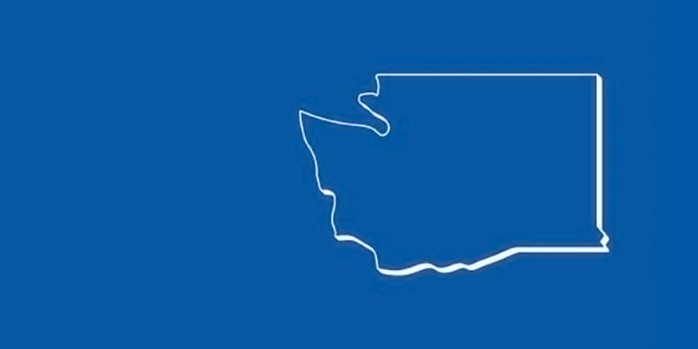 White outline of Washington state on blue background